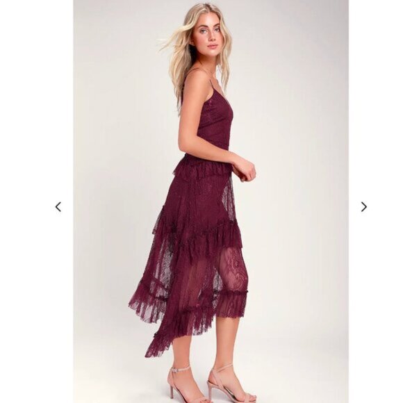 Lulu's Wonderfully Whimsical Burgundy Lace Ruffled Midi Dress - Picture 2 of 13